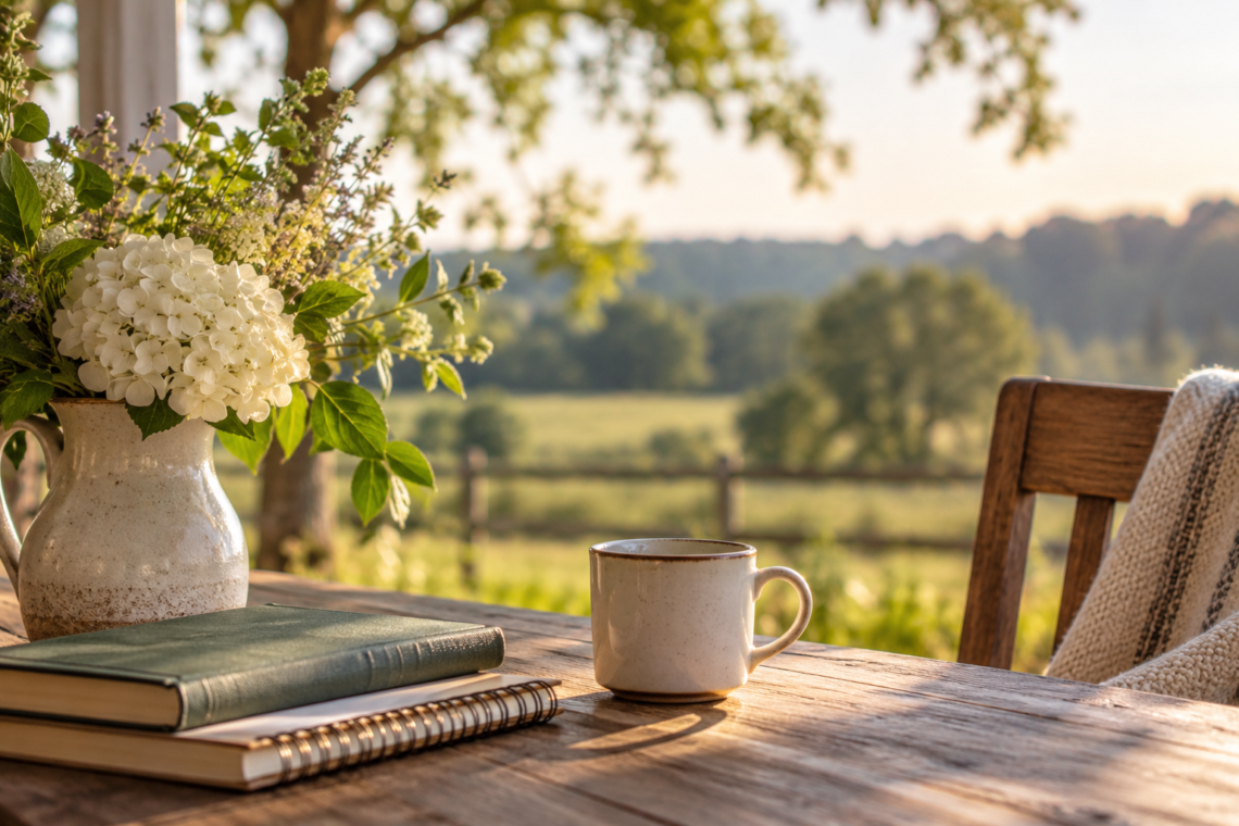 A quiet outdoor table with books, a notebook, a warm cup of coffee, and flowers overlooking a sunlit countryside.